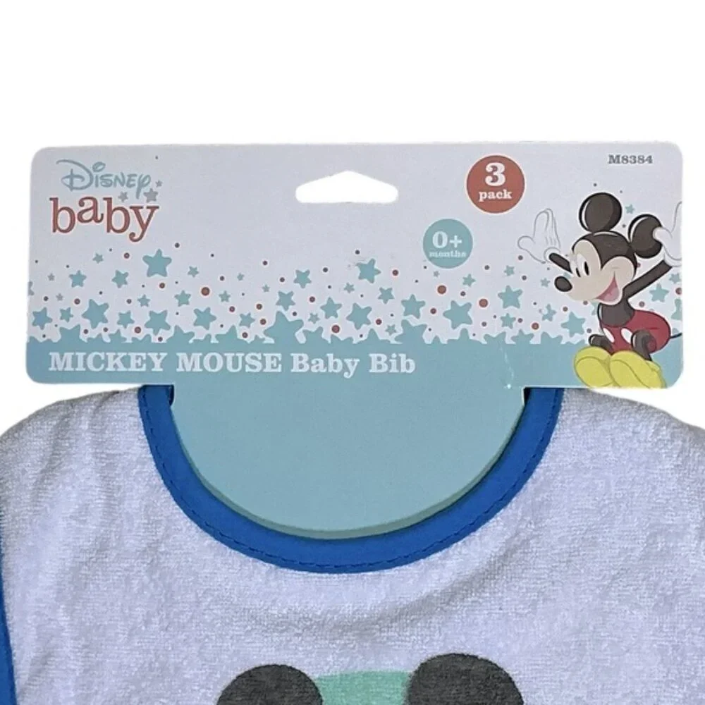 Disney Mickey Mouse Baby Bibs Absorbent Terrycloth VeIcro Closure 3 Pc 0-18 mo